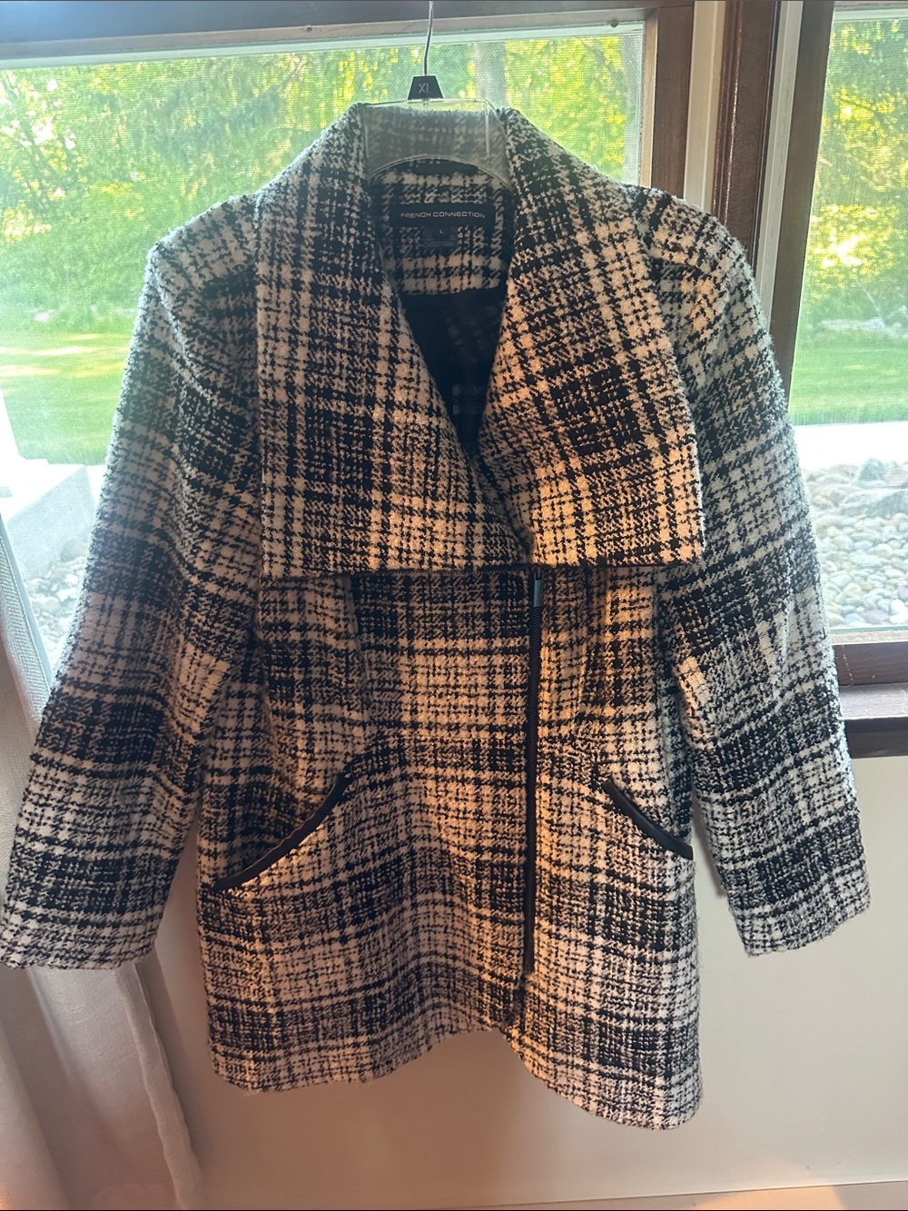 Womens Black & White Plaid Coat